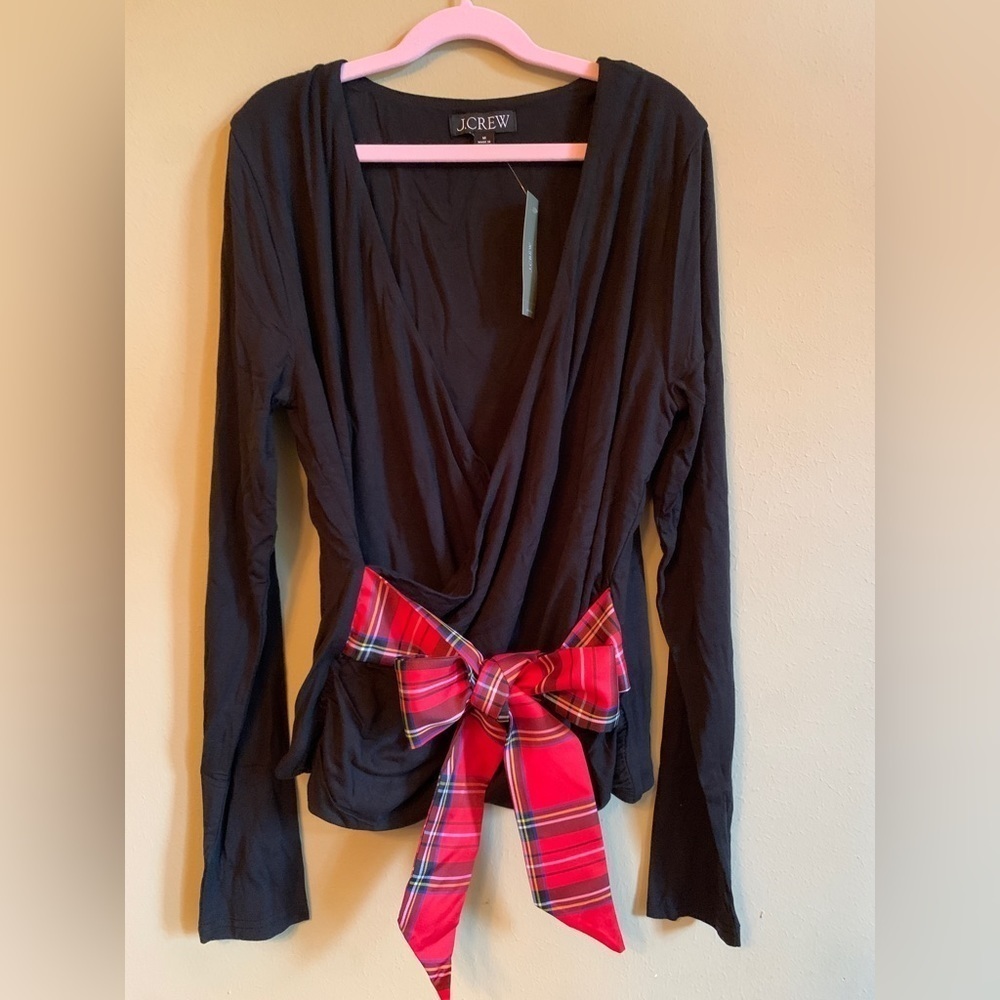J.CREW Top Super Soft Jersey Black Plaid Sash Women's Size Small